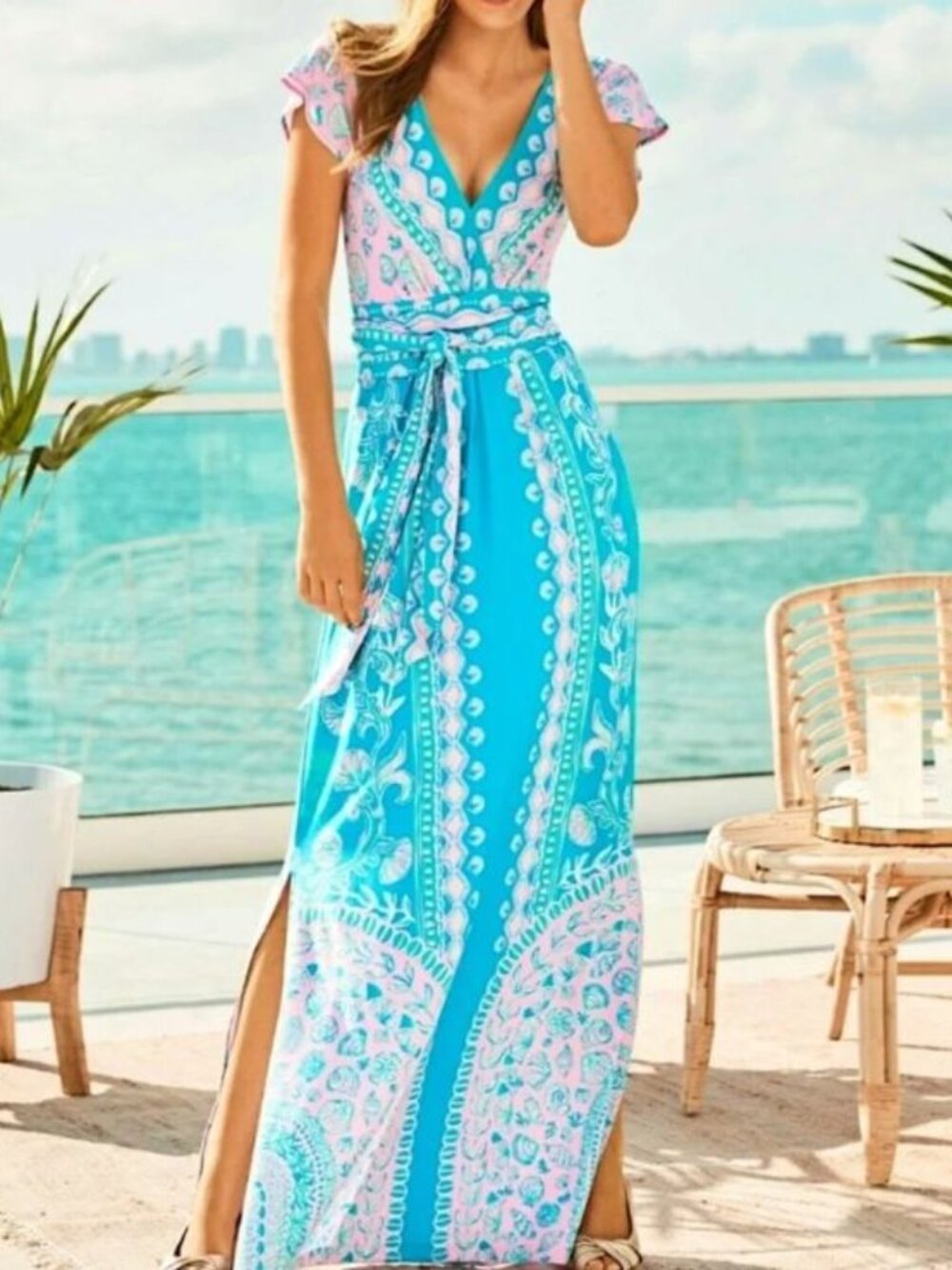 NWOT New Lilly Pulitzer Dress Pink Turquoise Aqua Esmarella Maxi Dress Size XL - Picture 3 of 16